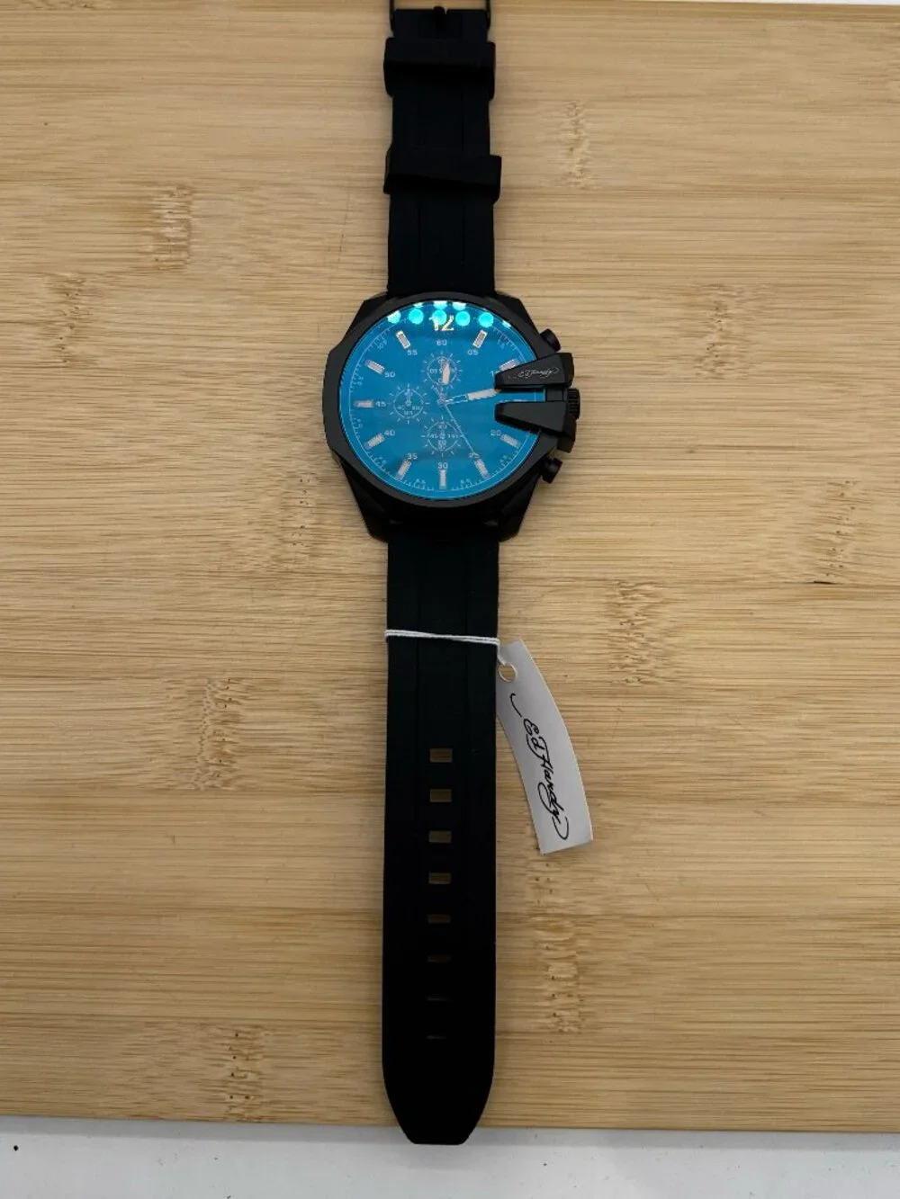 Ed Hardy Men's Black Watch Blue Amber Crystal Black Silicone Strap Quartz